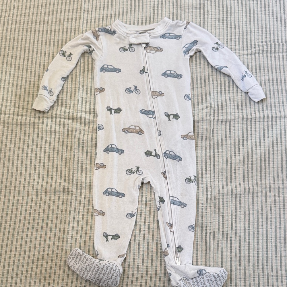 Carter's White Footed One-Piece Pajamas with Blue, Green & Brown Vehicle Print